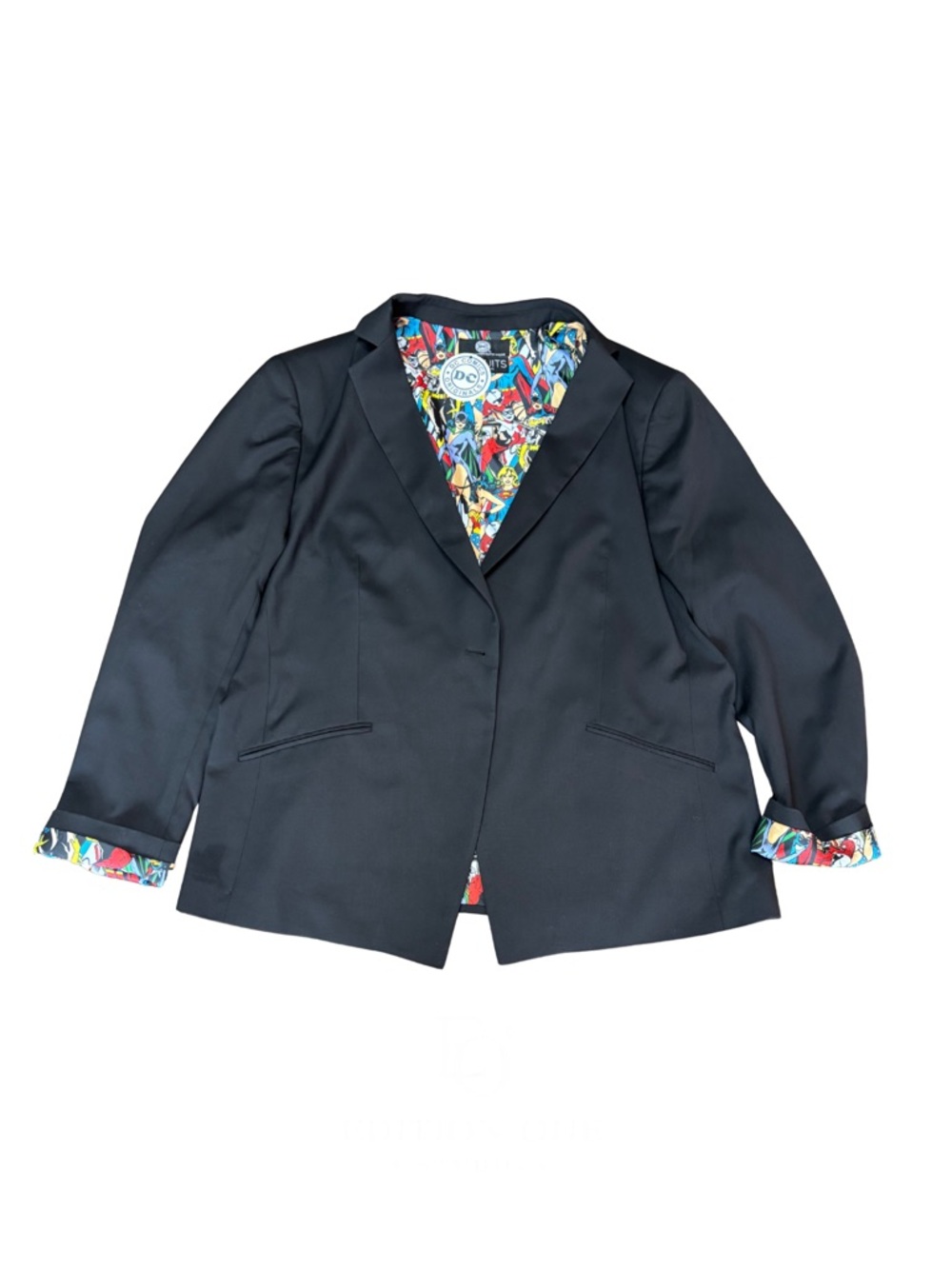 DC Comics Black Blazer with Multicolor Comic-Print Lining Size 22 or 2X - Picture 2 of 7